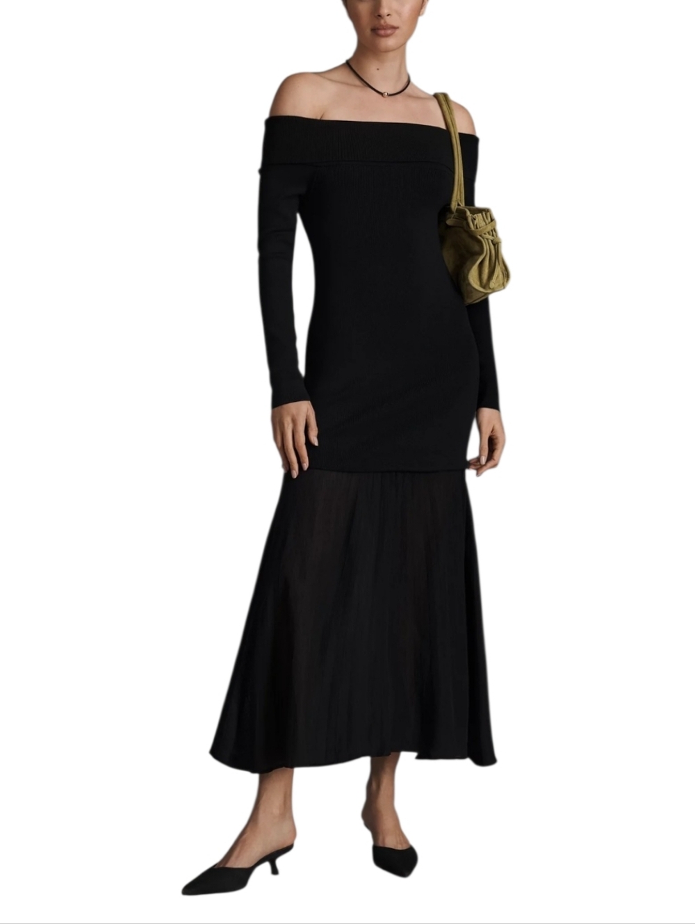 Astr Black Off-Shoulder Midi Dress with Olive Shoulder Bag